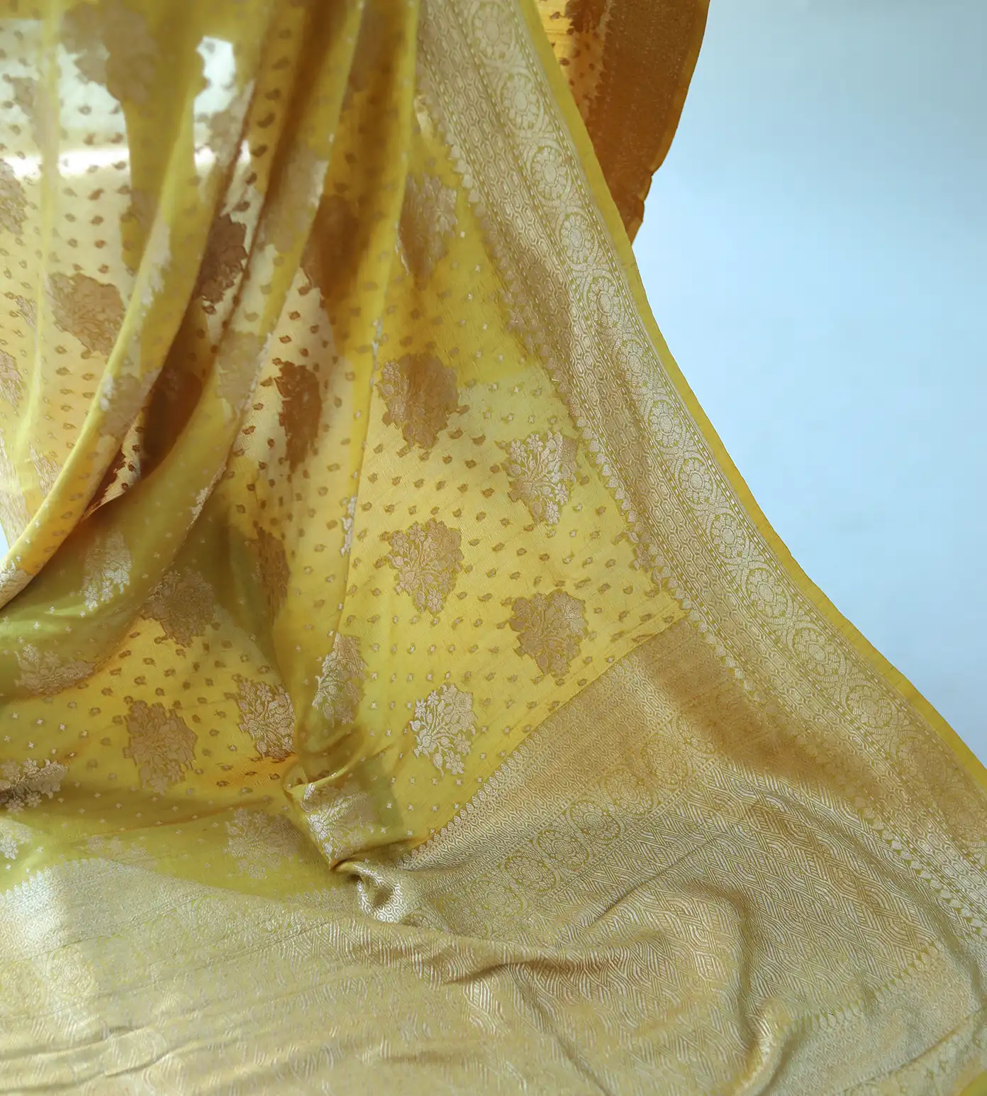 Yellow Banaras Tussar Georgette Saree4