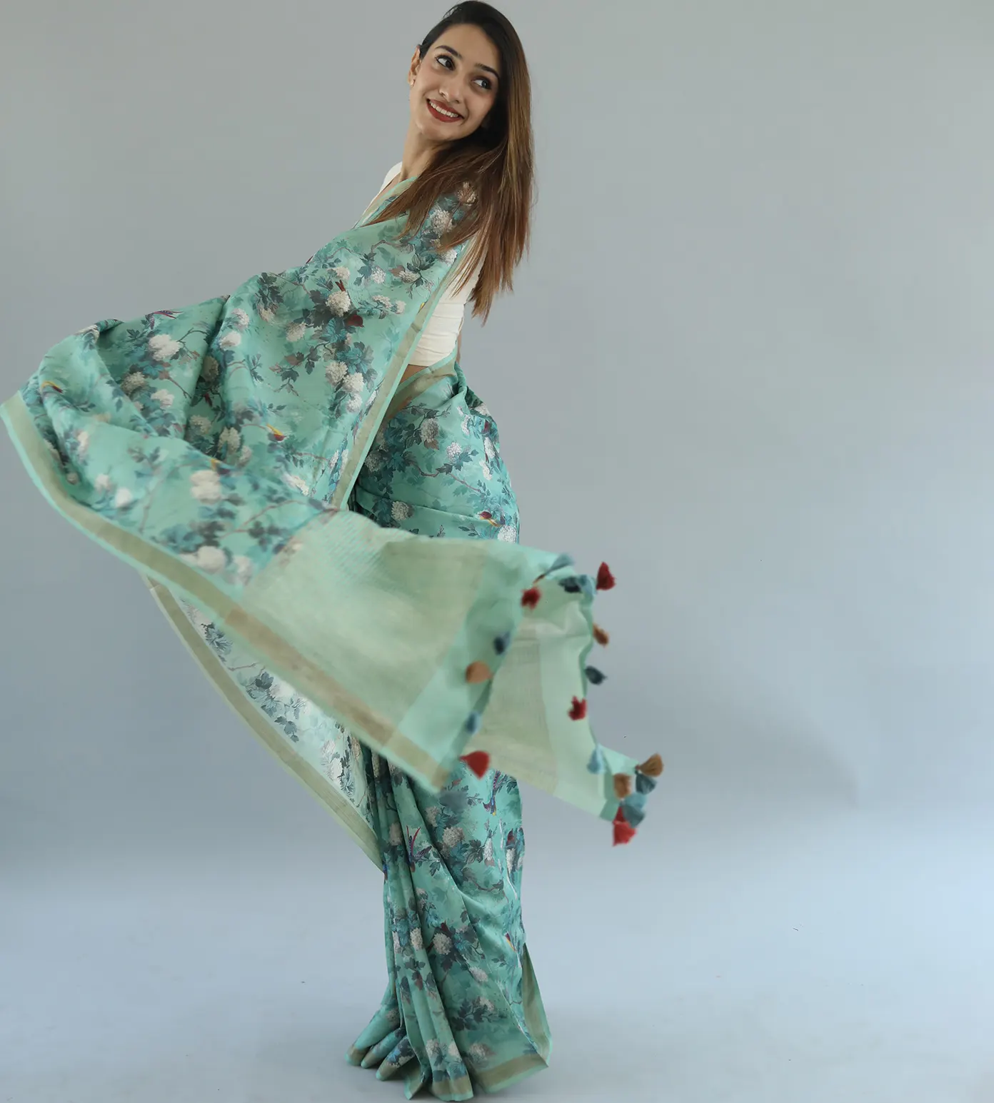 Pastel Green Tussar Print With Embroidery Saree1