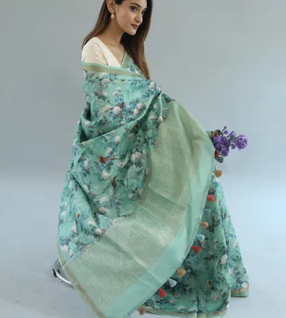 Pastel Green Tussar Print With Embroidery Saree2