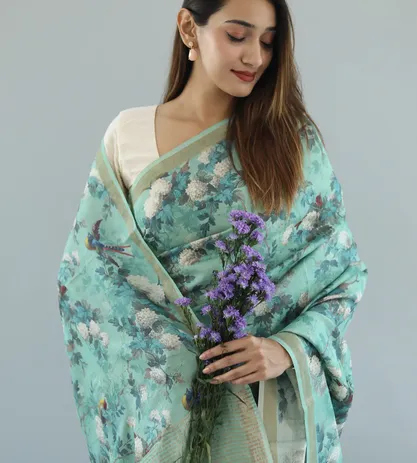 Pastel Green Tussar Print With Embroidery Saree4