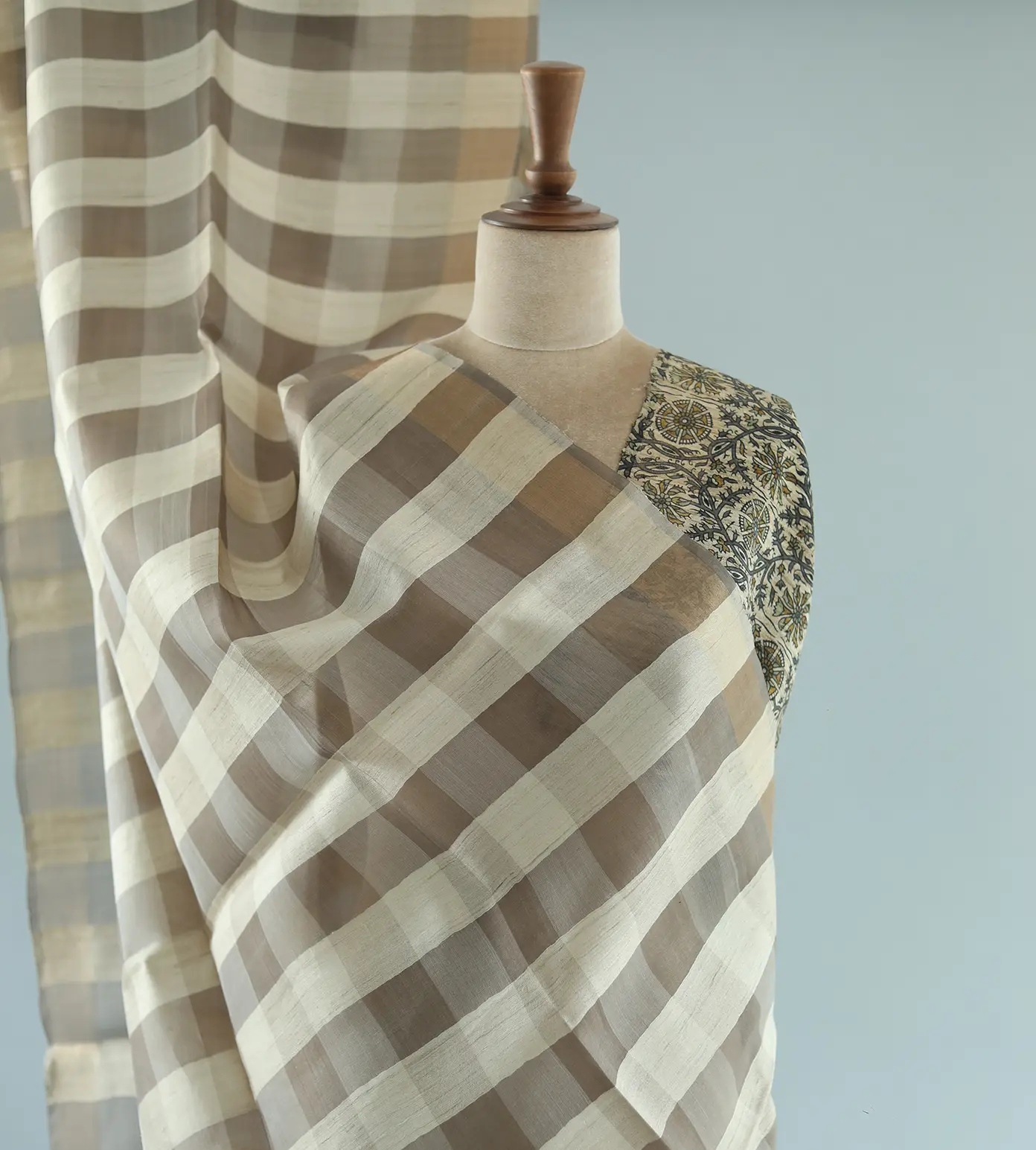 Beige And Off White Tussar With Organza Saree1