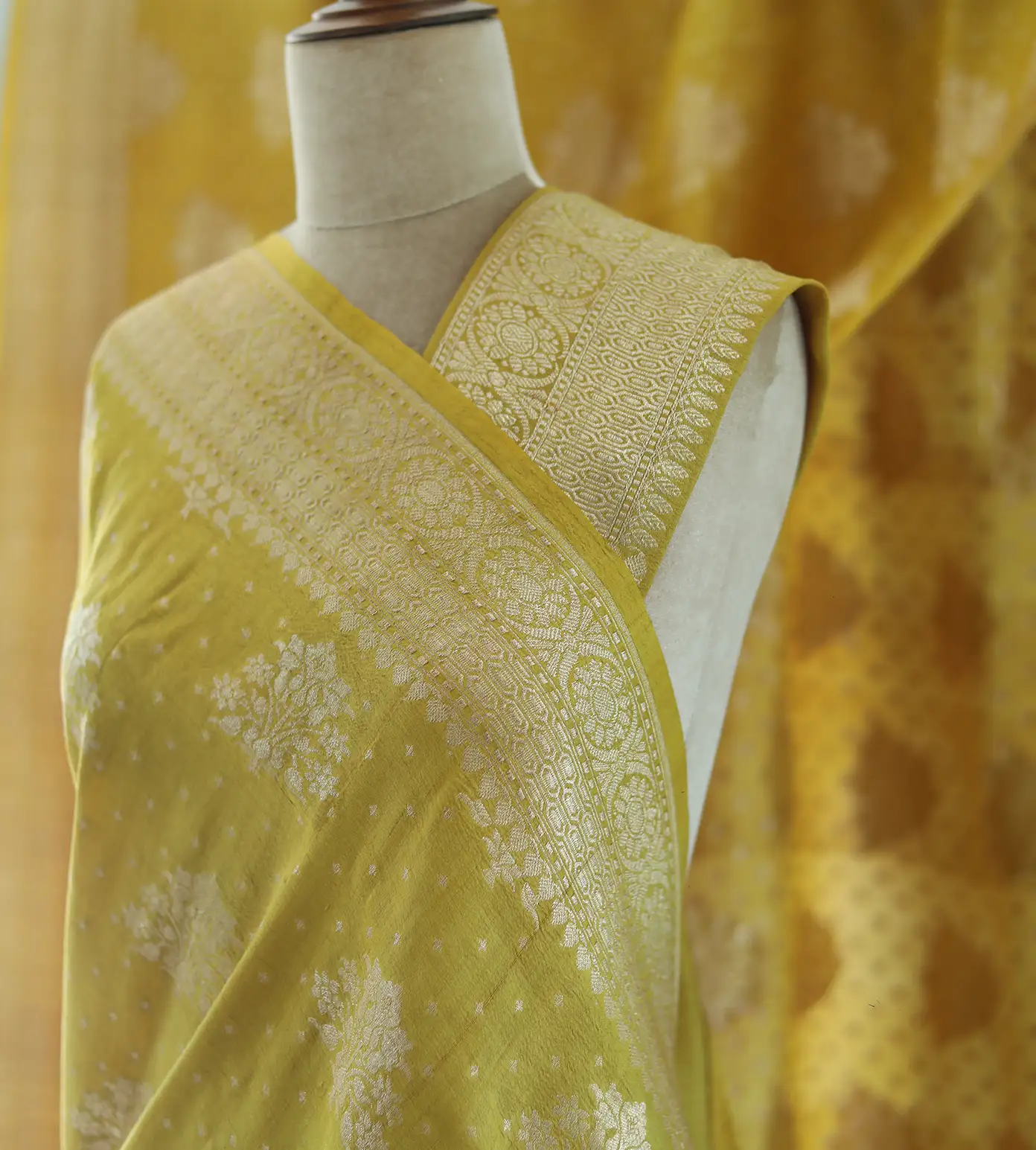 Yellow Banaras Tussar Georgette Saree1