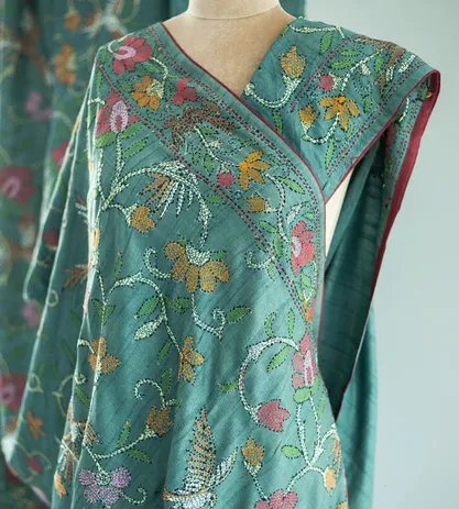 Green Tussar Hand Embroidery Saree1