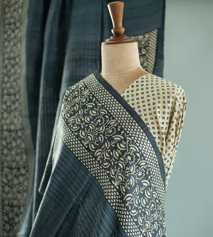 Elephant Grey Tussar With Kantha Embroidery Saree1