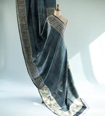 Elephant Grey Tussar With Kantha Embroidery Saree2