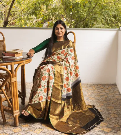 Off-White Hand Block Printed Kanchipuram Silk Saree2