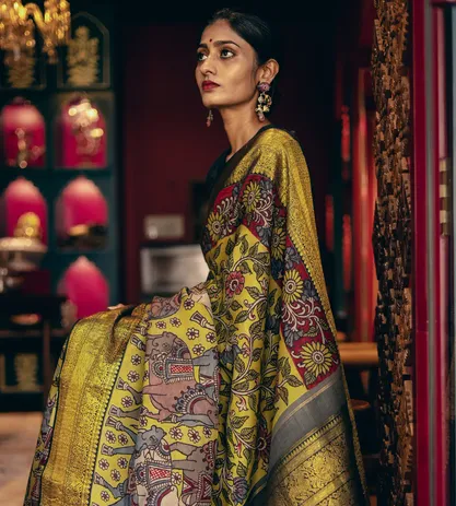 Yellow Kanchipuram Silk With Hand Painted Kalamkari Saree1