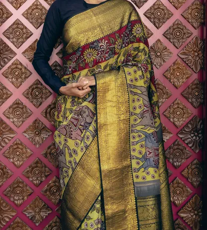 Yellow Kanchipuram Silk With Hand Painted Kalamkari Saree2