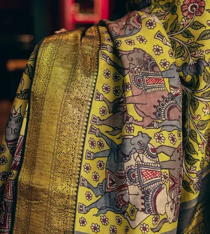 Yellow Kanchipuram Silk With Hand Painted Kalamkari Saree4