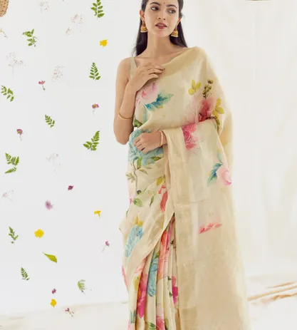 Creme Printed Linen Kanchipuram Silk Saree2