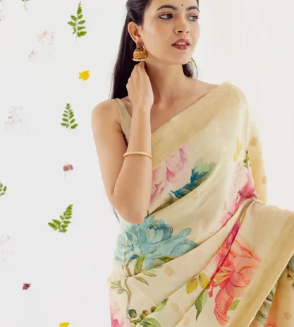 Creme Printed Linen Kanchipuram Silk Saree4