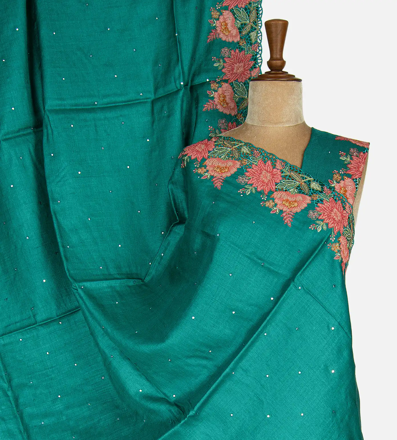 Deep Teal Tussar Cut Work Saree1