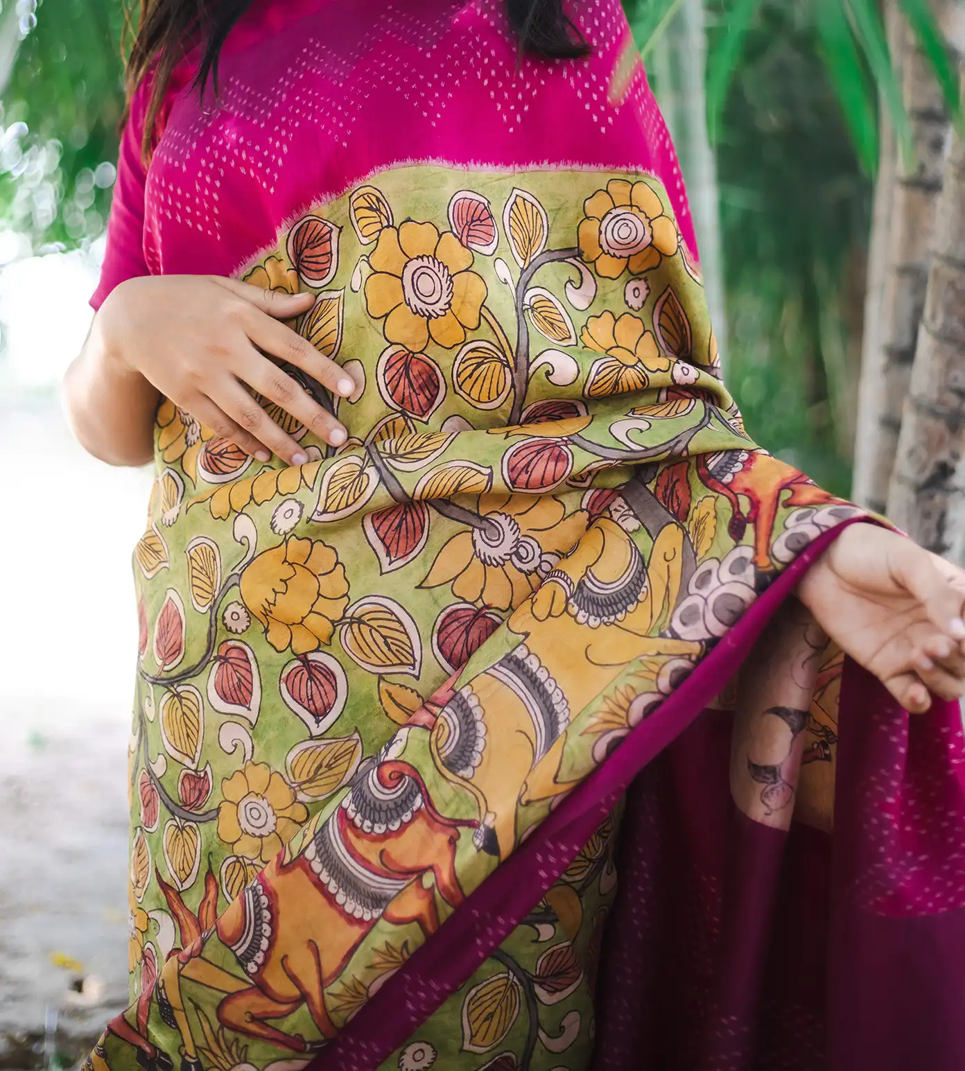 Green Ikkat Hand Painted Kalamkari Saree2