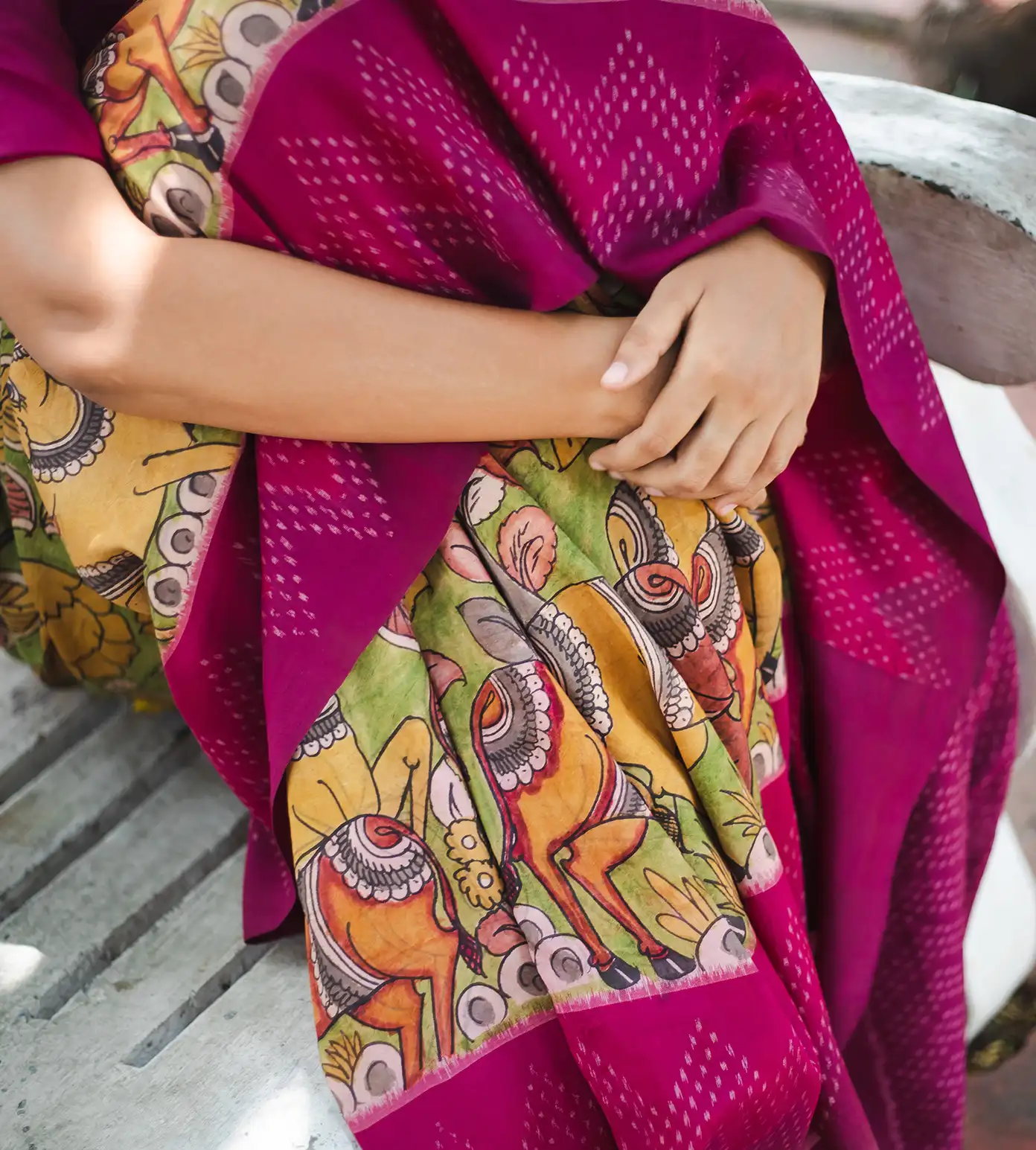 Green Ikkat Hand Painted Kalamkari Saree4