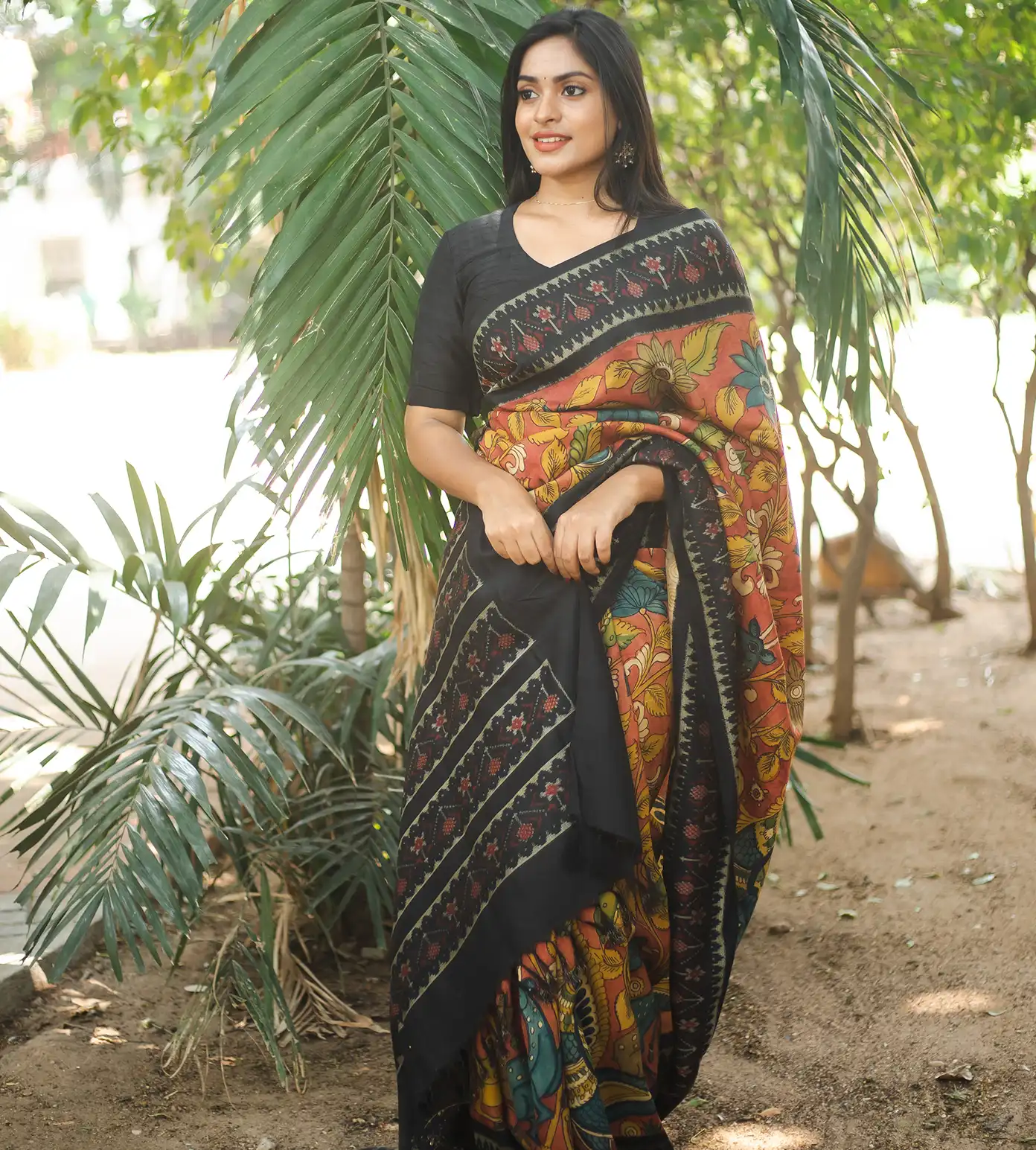 Green Ikkat Hand Painted Kalamkari Saree