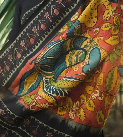 Red Ikkat Hand Painted Kalamkari Saree2