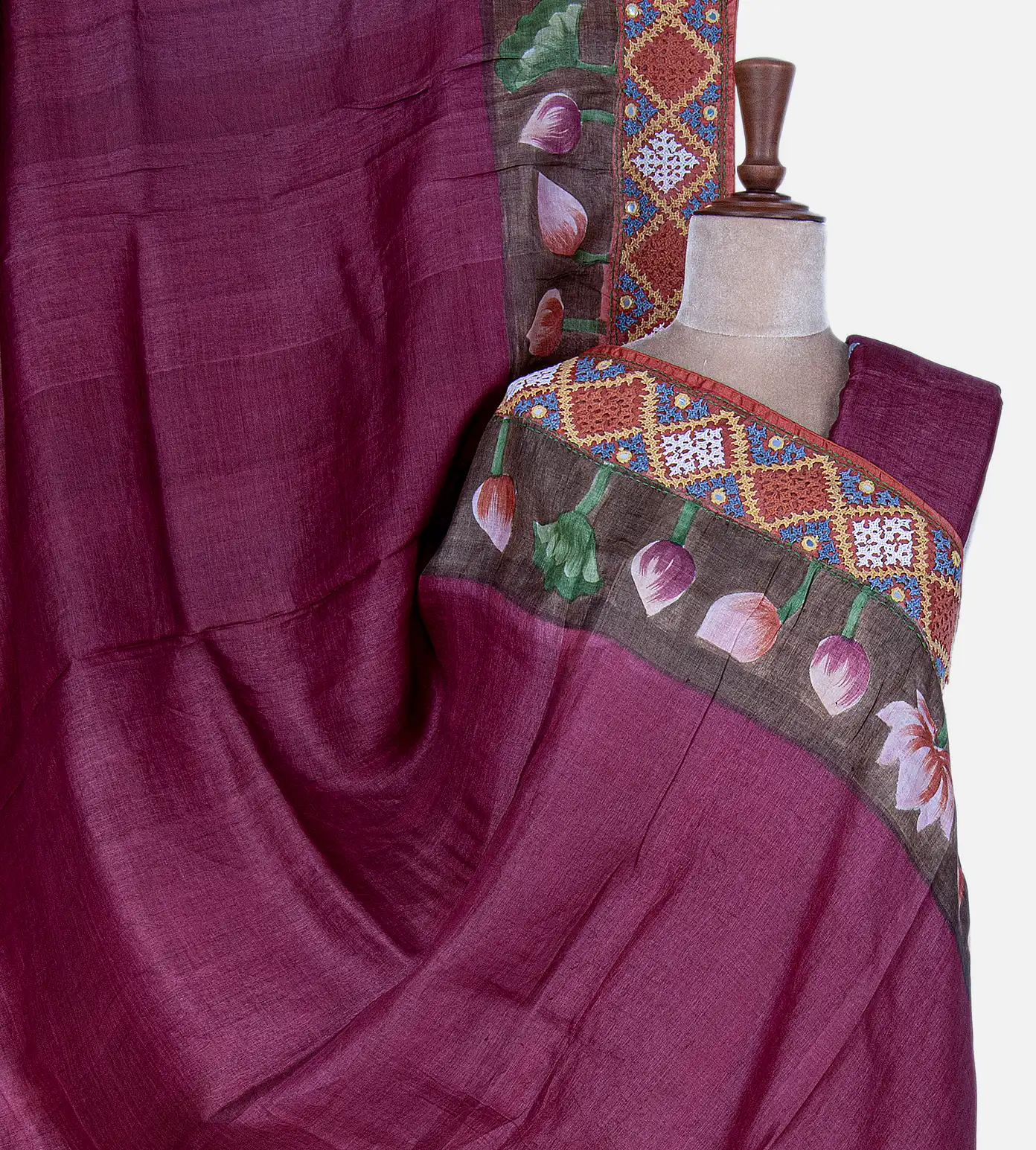 Dark Pink Tussar Embroidery Saree1