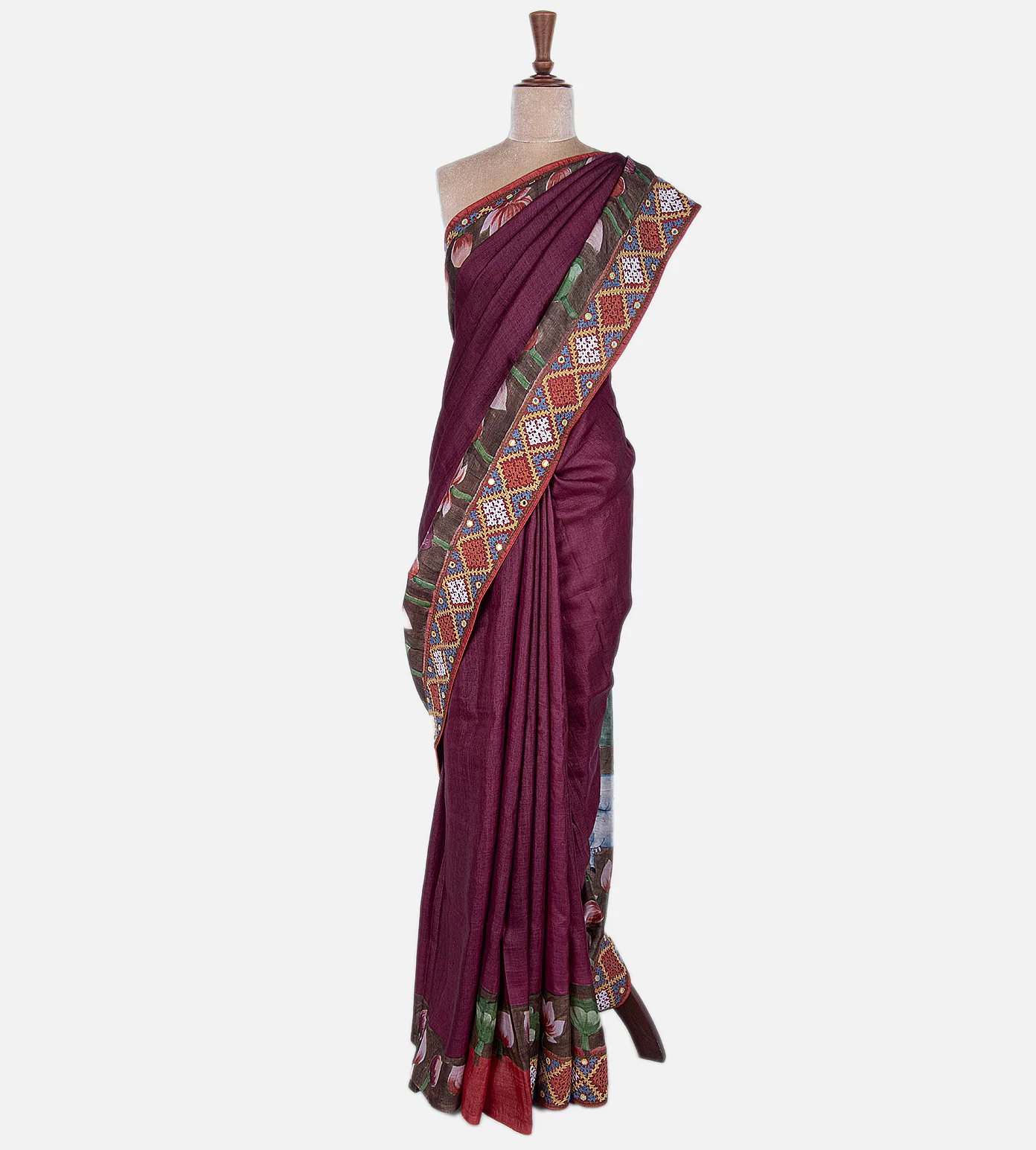 Dark Pink Tussar Embroidery Saree2