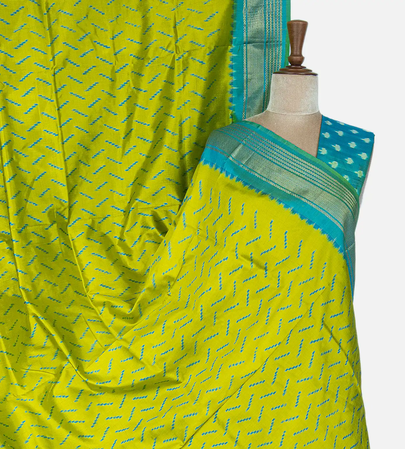 Greenish Yellow Ikkat Silk Saree1