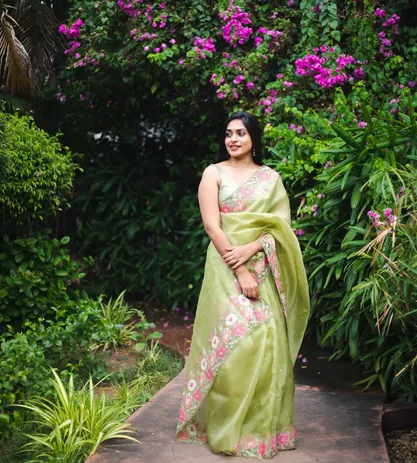 Light Green Organza Cut Work Saree2
