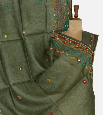 Olive Green Tussar Embroidery Saree1