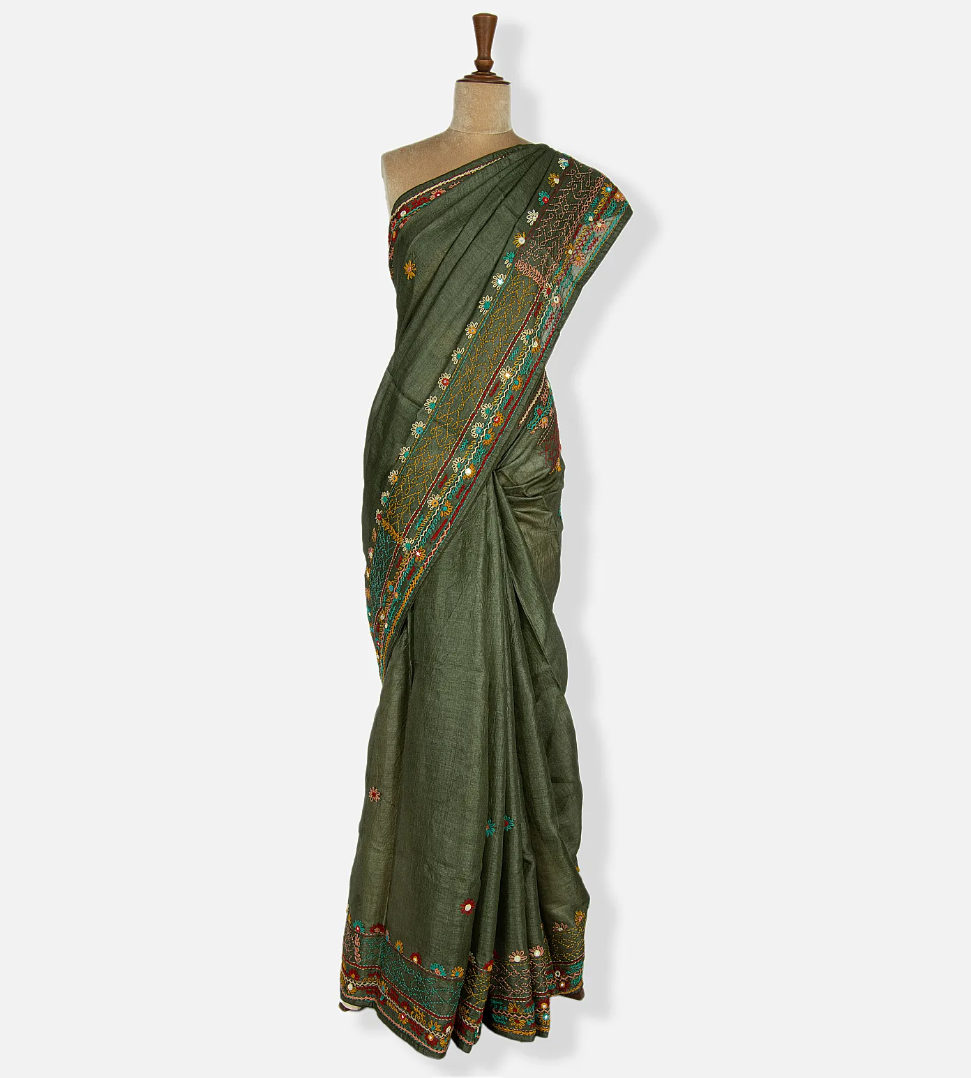 Olive Green Tussar Embroidery Saree2