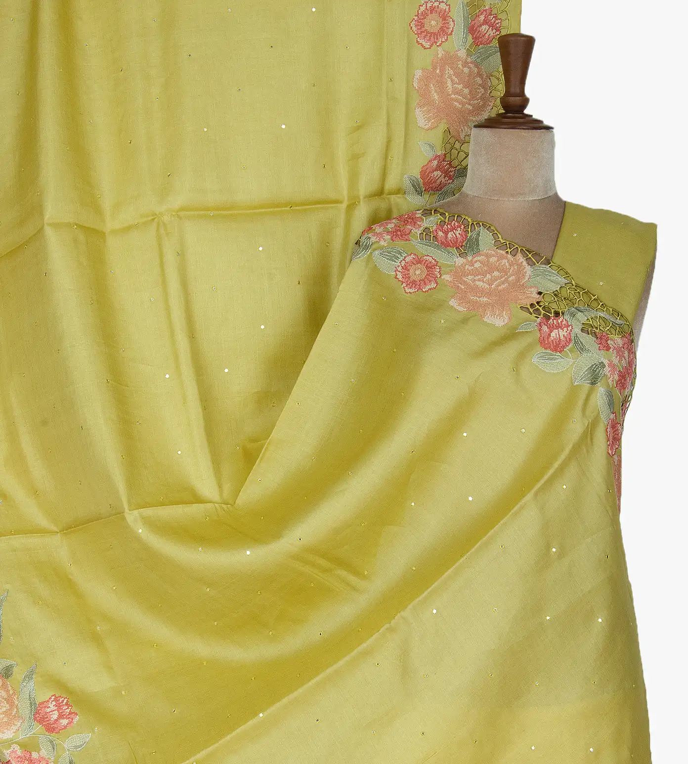 Lime Yellow Tussar Cut Work Saree1
