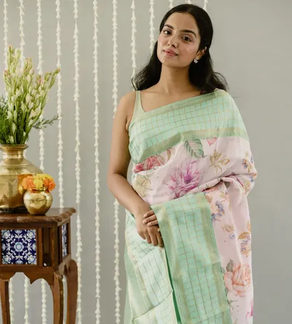 Off-White Printed Linen Kanchipuram Silk Saree1