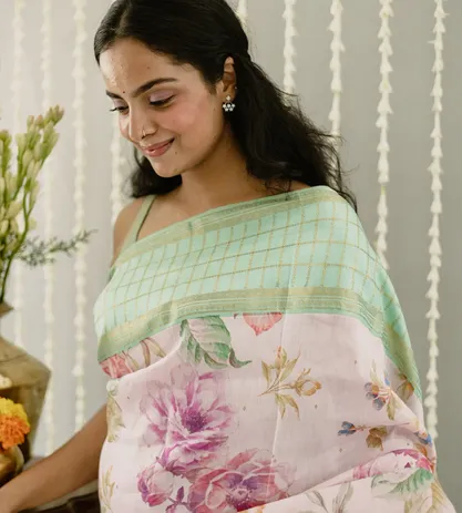 Off-White Printed Linen Kanchipuram Silk Saree3