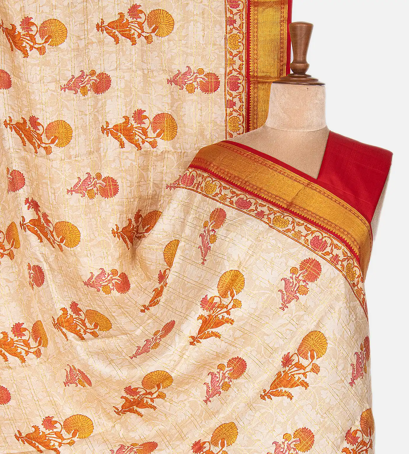 Off-White Hand Block Printed Kanchipuram Silk Saree1