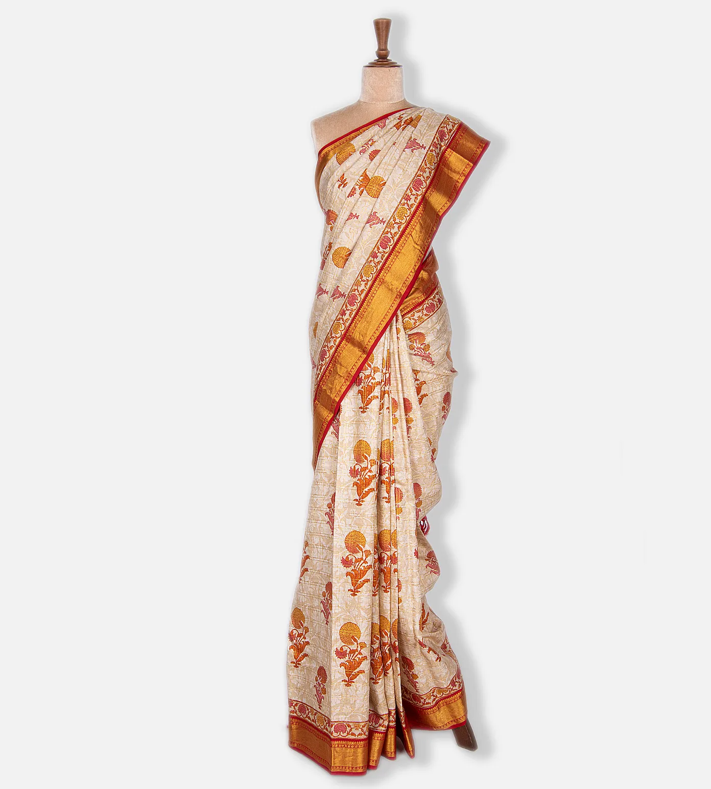 Off-White Hand Block Printed Kanchipuram Silk Saree2