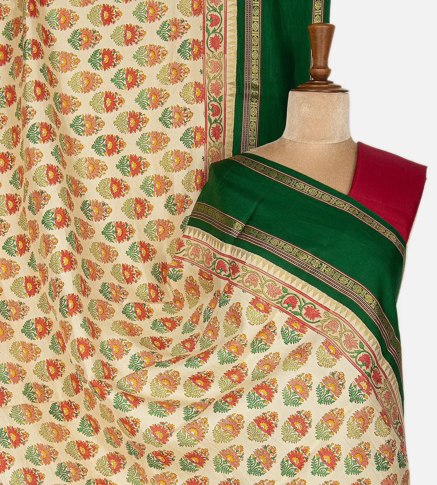 Off-White Hand Block Printed Kanchipuram Silk Saree1