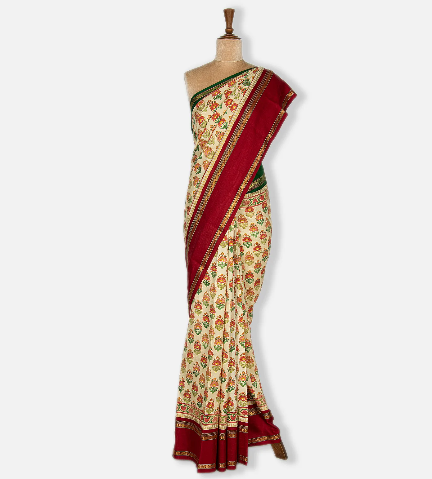 Off-White Hand Block Printed Kanchipuram Silk Saree2