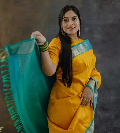 Amber Yellow Kanchipuram Silk Saree1