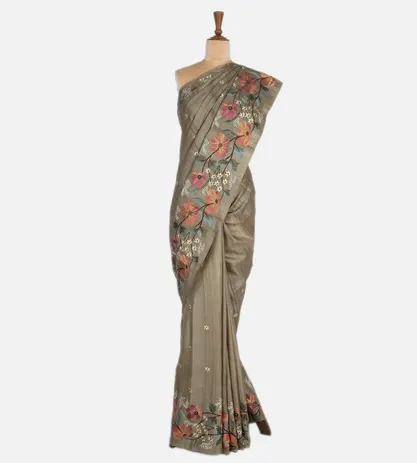 Olive Green Tussar Embroidery Saree2