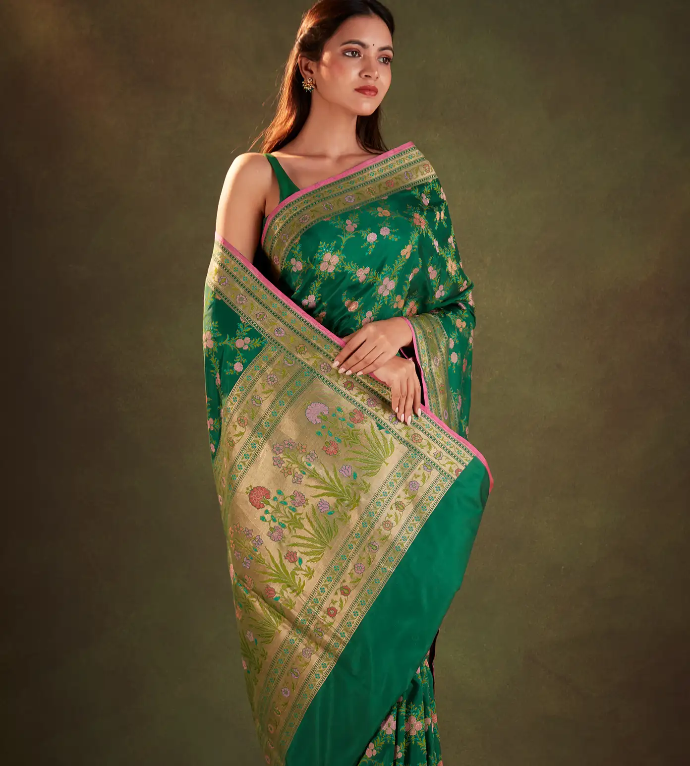 Bottle Green Banarasi Silk Saree1