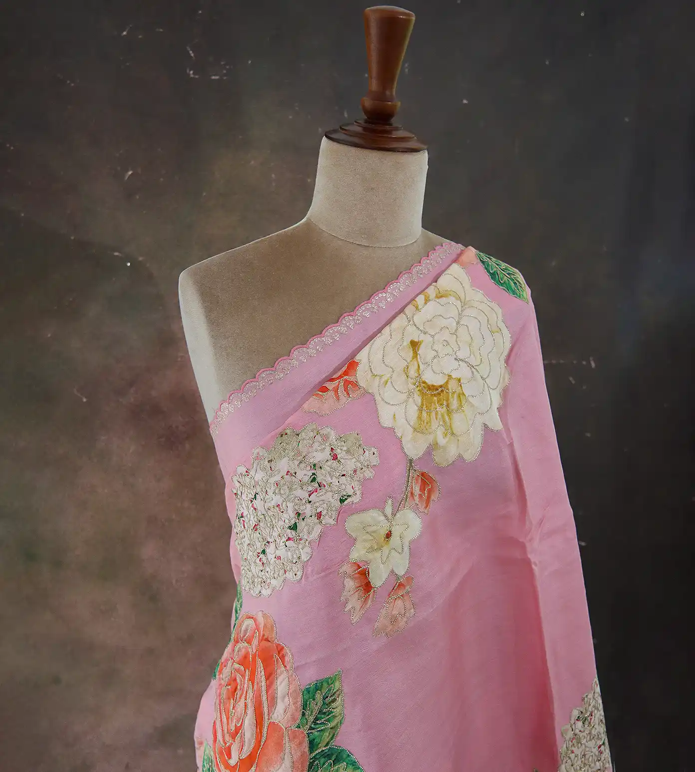 Pink Tussar Embroidery Saree1