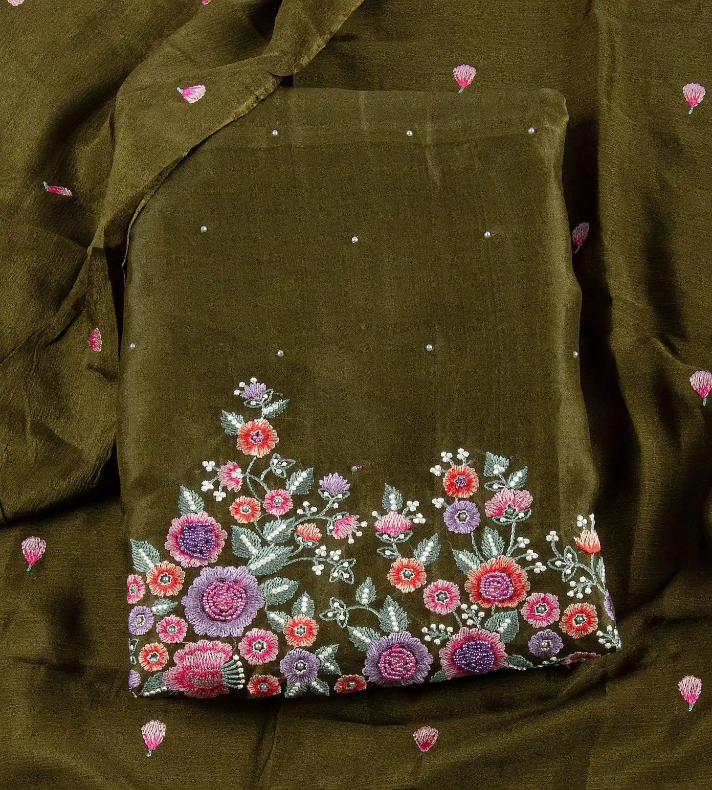 Olive Green Organza Embroidery Salwar1