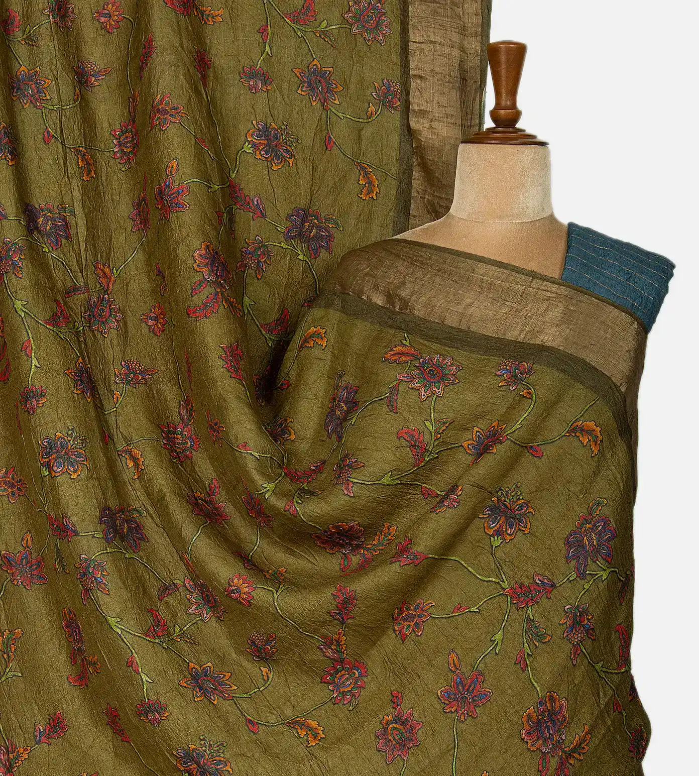 Olive Green Tussar Saree1