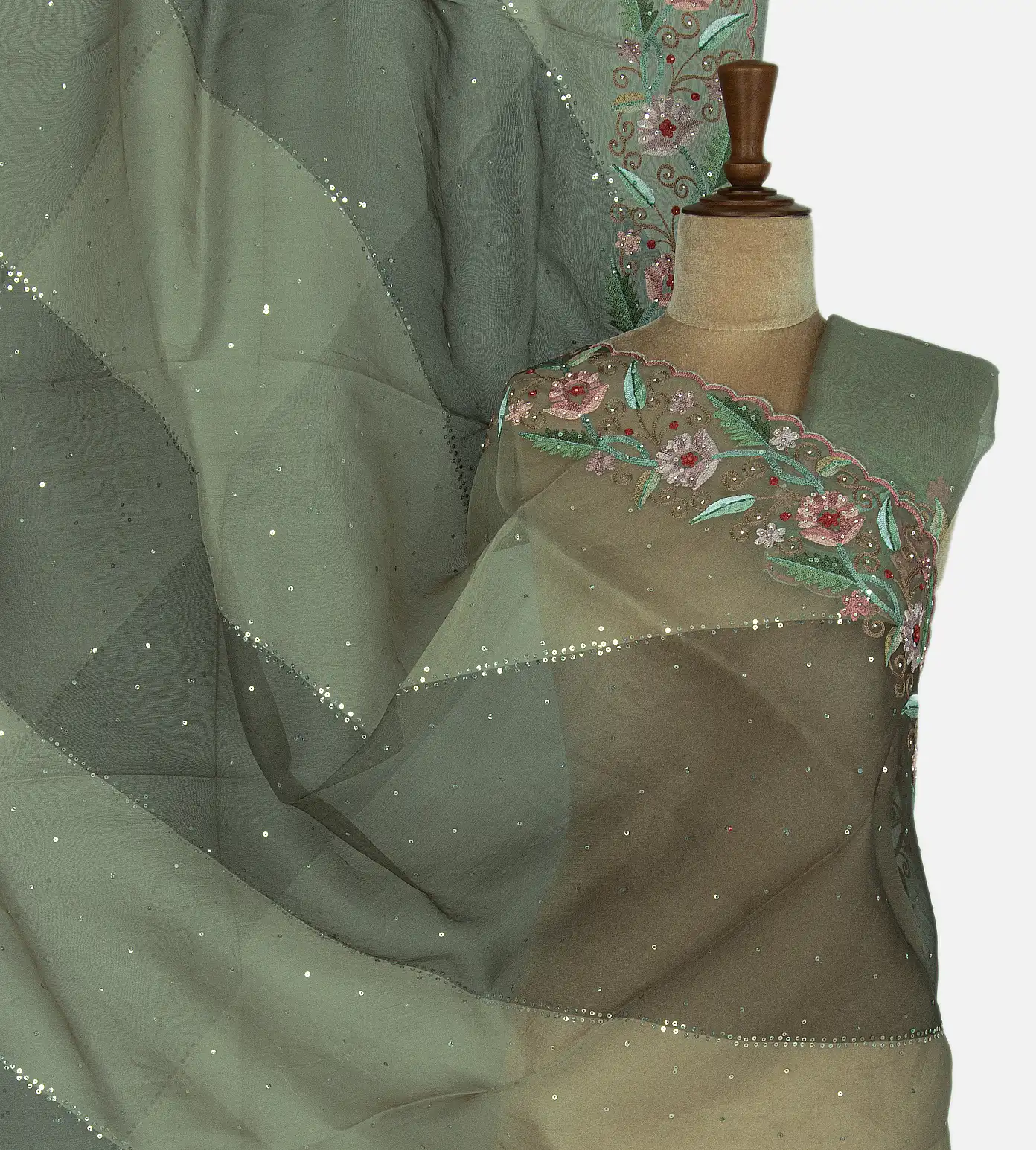 Green Organza Embroidery Saree1