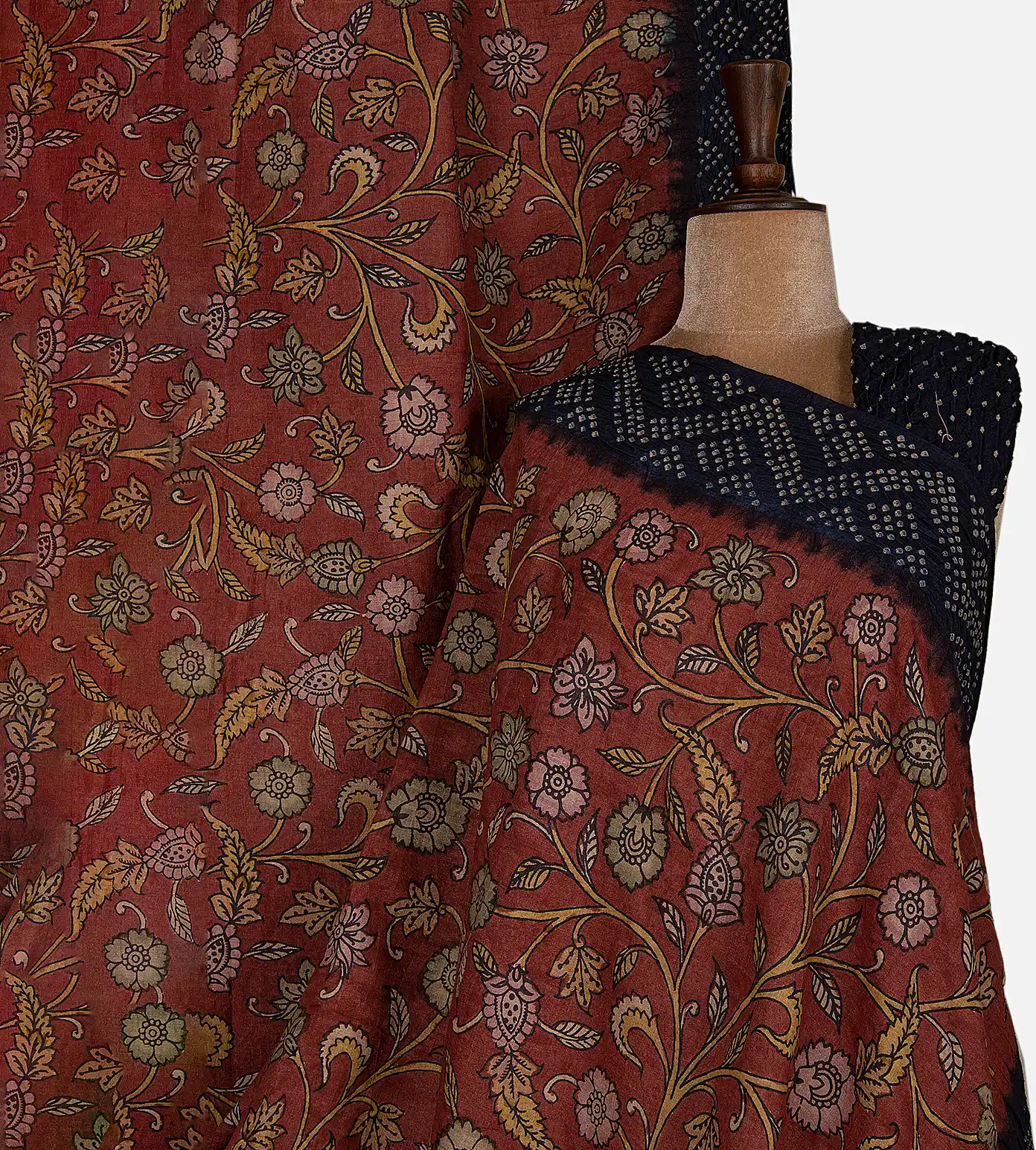 maroon-bandhani-tussar-kalamkari-saree-d04102177-a