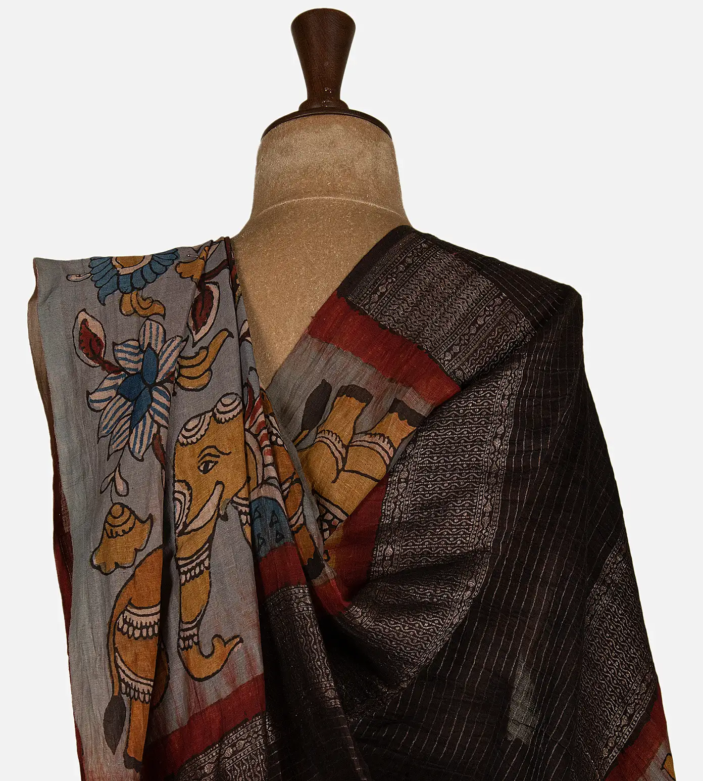 forest-green-banaras-linen-georgette-saree-with-kalamkari-pallu-d0292474-c