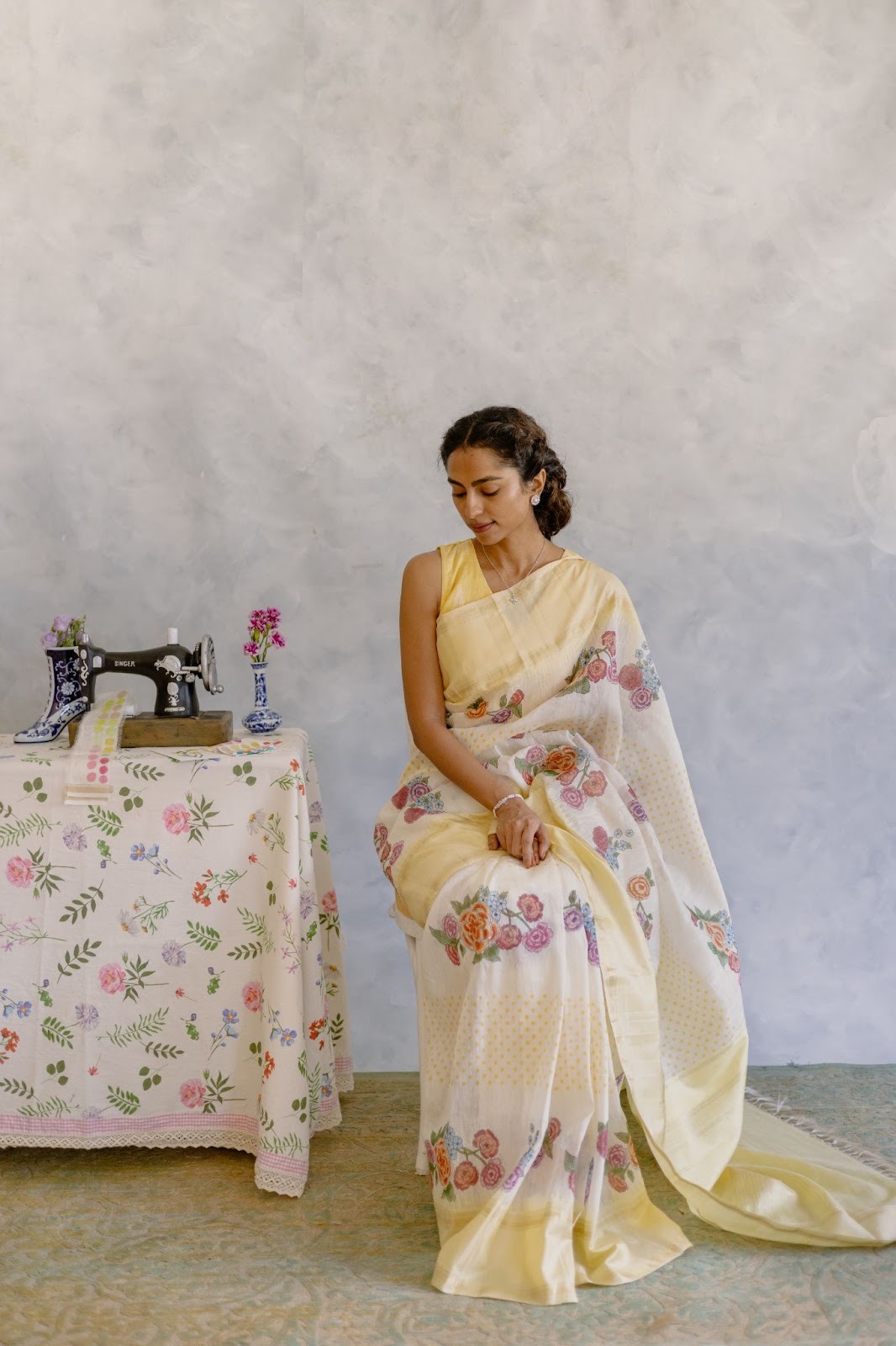 The Art of Fusion: Hand Block Printing and Hand Painting on Linen Kanchipurams-3