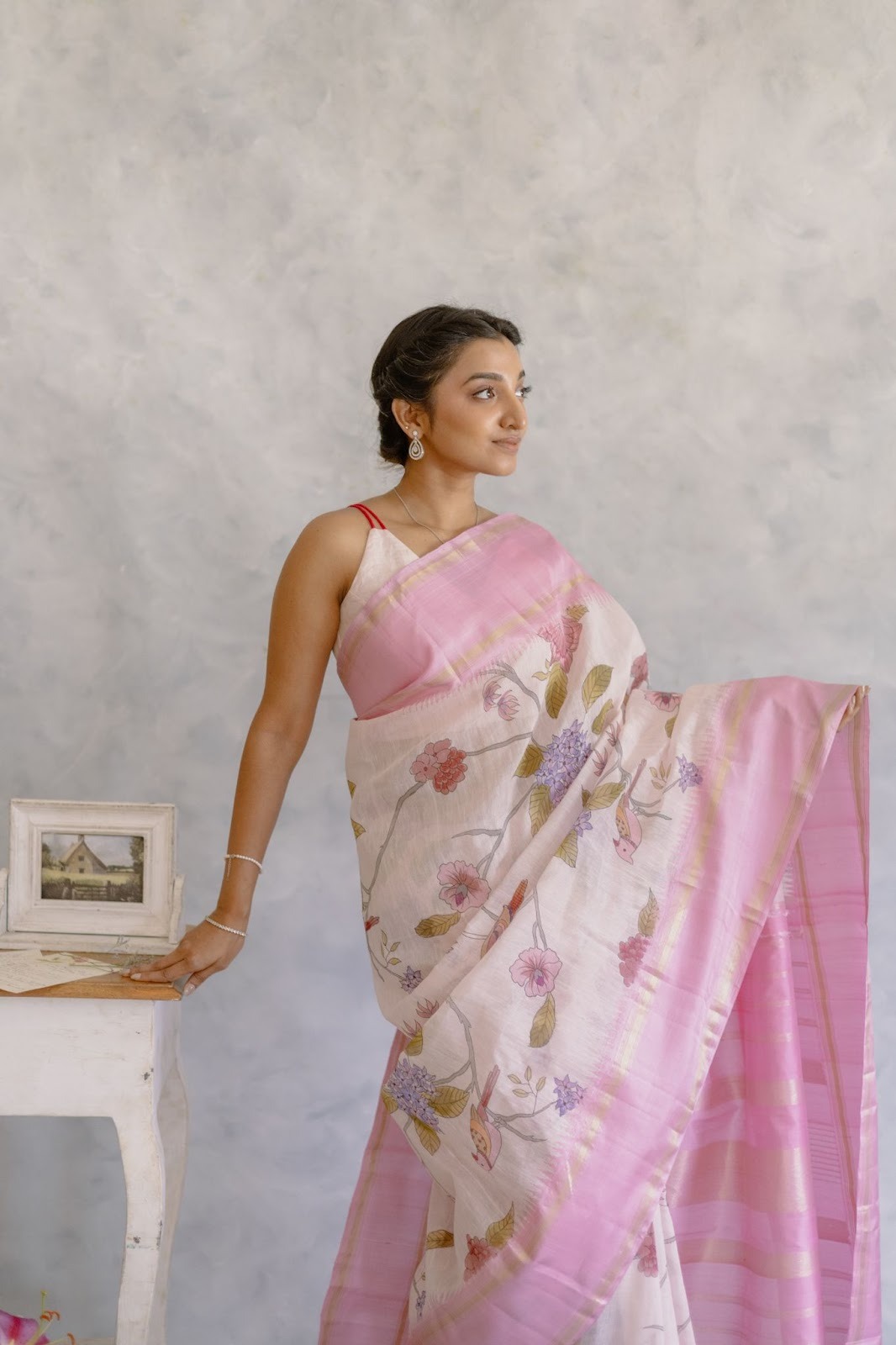 The Art of Fusion: Hand Block Printing and Hand Painting on Linen Kanchipurams-4