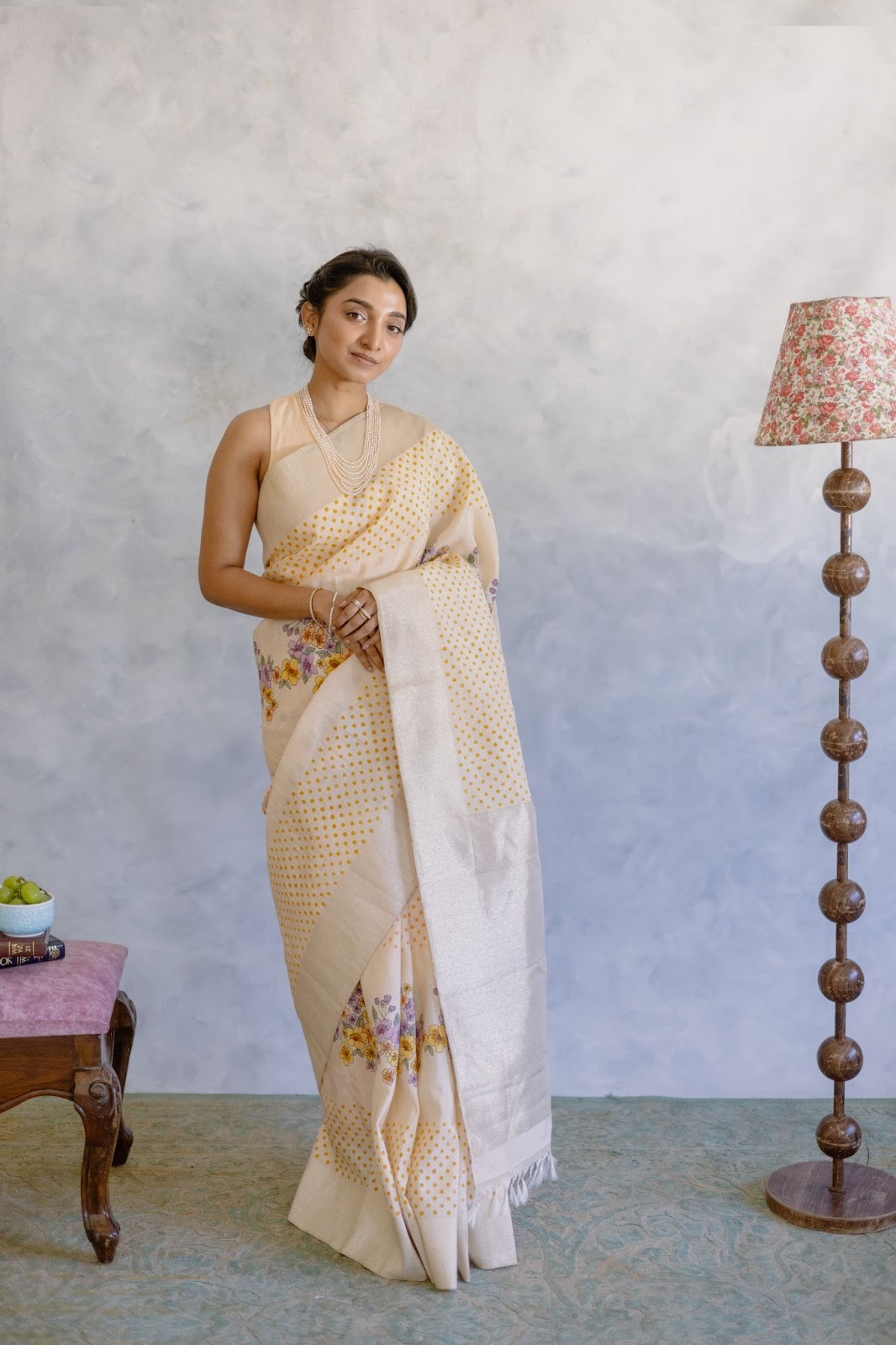 The Art of Fusion: Hand Block Printing and Hand Painting on Linen Kanchipurams-5