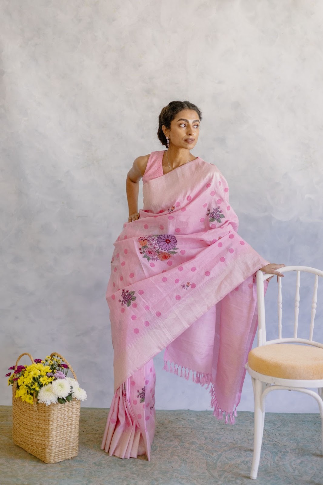 The Art of Fusion: Hand Block Printing and Hand Painting on Linen Kanchipurams-6