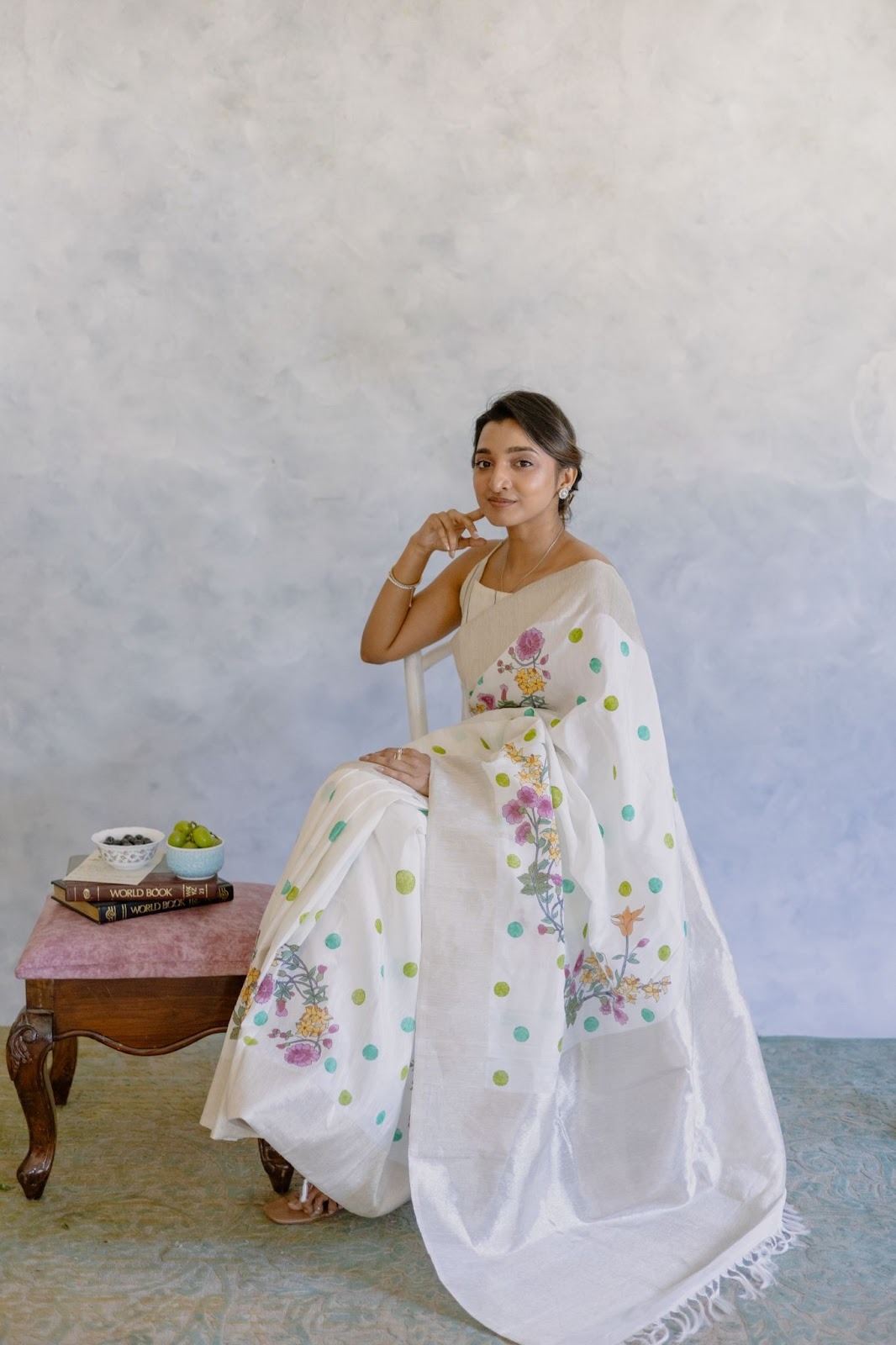 The Art of Fusion: Hand Block Printing and Hand Painting on Linen Kanchipurams-7