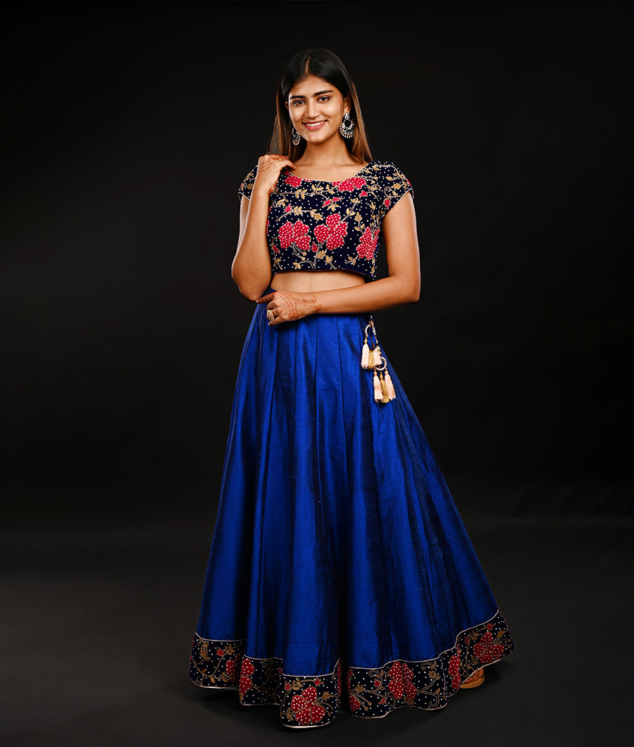 Buy Blue Lehenga Chanderi Print Floral Sequin And Cutdana Embroidered Set  For Women by Redpine Designs Online at Aza Fashions.
