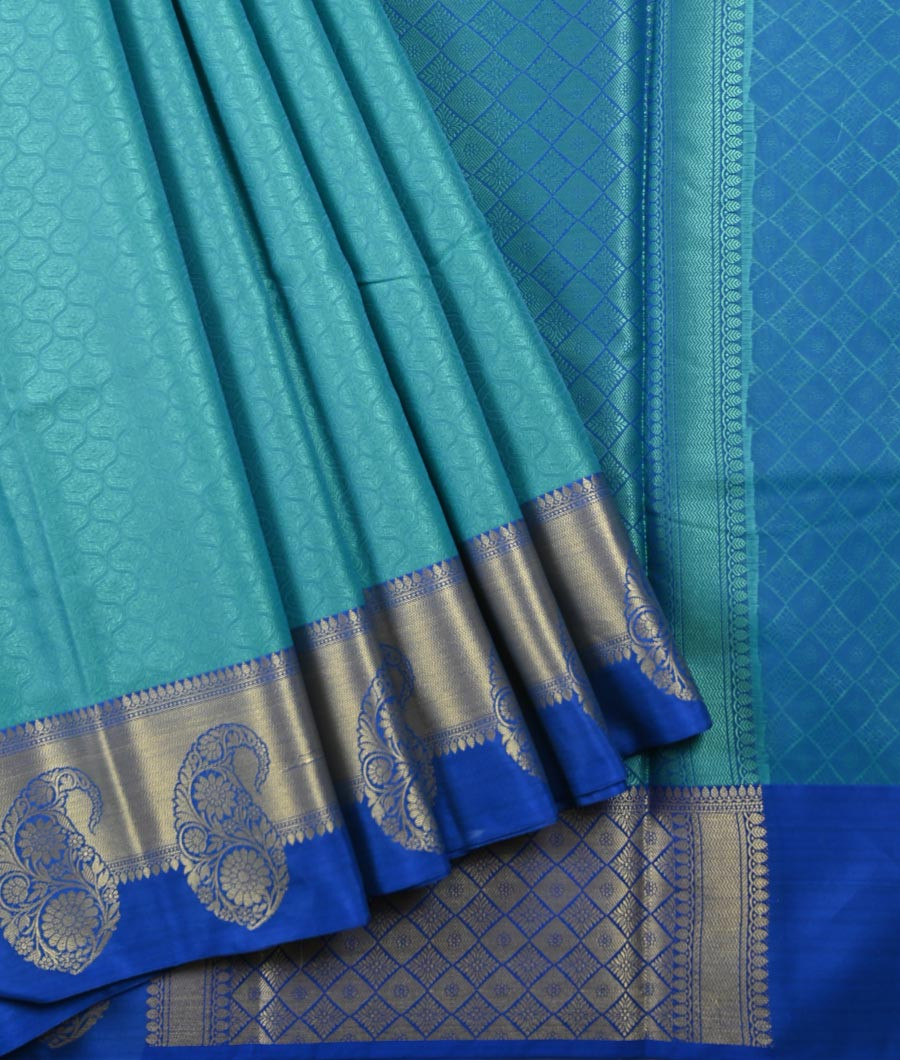 Banarasi kora saree parrot green and blue with allover self emboss & m –  Prashanti Sarees