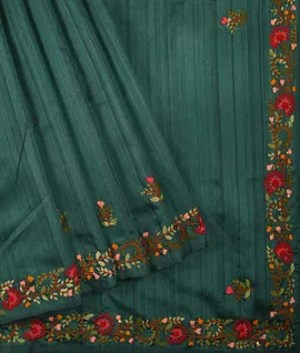 Bottle Green With Floral Embroidered Design Chiniya Tussar Saree1